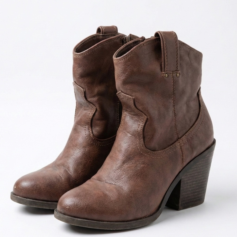 Cato Brown Western Slouch Ankle Boots Block Heel Size 9